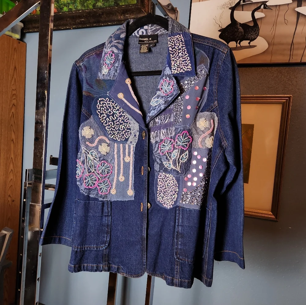 💎 DANIEL K Embellished Denim Jacket Sequins L 🎨 - Picture 2 of 8